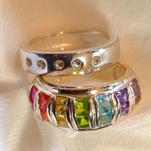 Crystal Multicolor Set Of Two Silver Rings Stackable EUC Trendy
